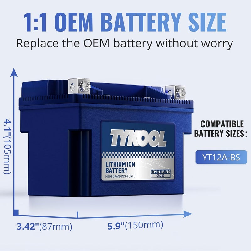 TYKOOL YT12A-BS 360CCA,3X Cranking Amps,5X Life,High Performance LiFePO4 Lithium Motorcycle Battery,Fits for 1000cc Aprillia and Suzuki,Husqvarna 701 Vitpilen,KTM Adventure and Duke - Image 4
